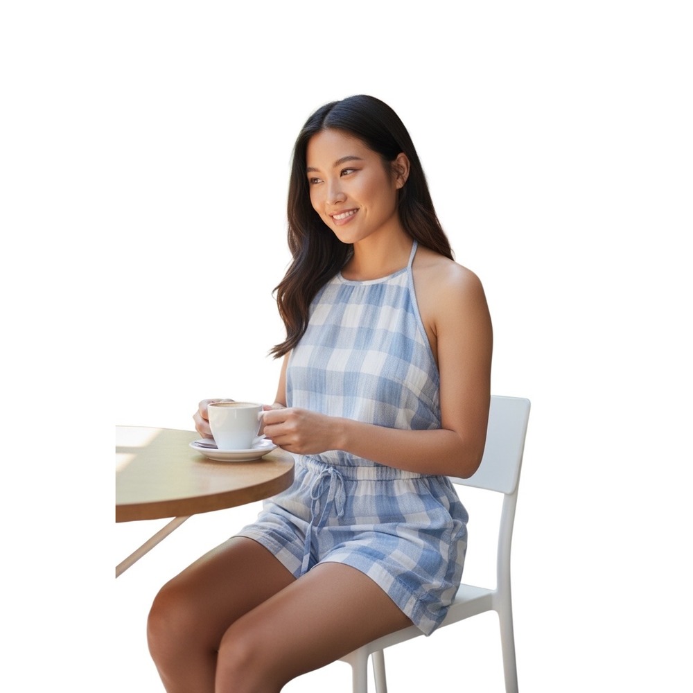 Cloth & Stone Blue White Gingham Tencel Halter Romper Womens Medium Made in USA